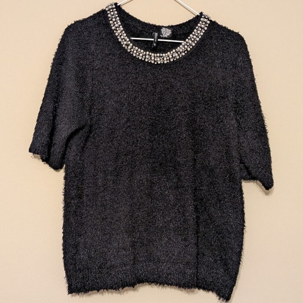 New Directions Old Money Glam Embellished Fuzzy Knit Top